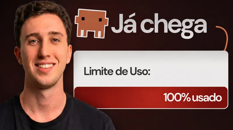 A thumbnail do vídeo, com o texto “Já chega — Limite de Uso: 100% usado” em português e o rosto de quem assina a conta no lugar do rosto do creator.